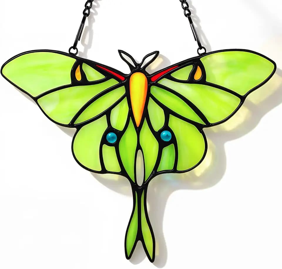 Stained Glass Window Hanging Luna Moth Suncatcher, IDEA SHOW 7.3Inch Handmade Real Glass Butterfly Suncatcher Ornament for Home Decor, Elegant Green Butterfly Memorial Gift for Women, Mom, Grandma