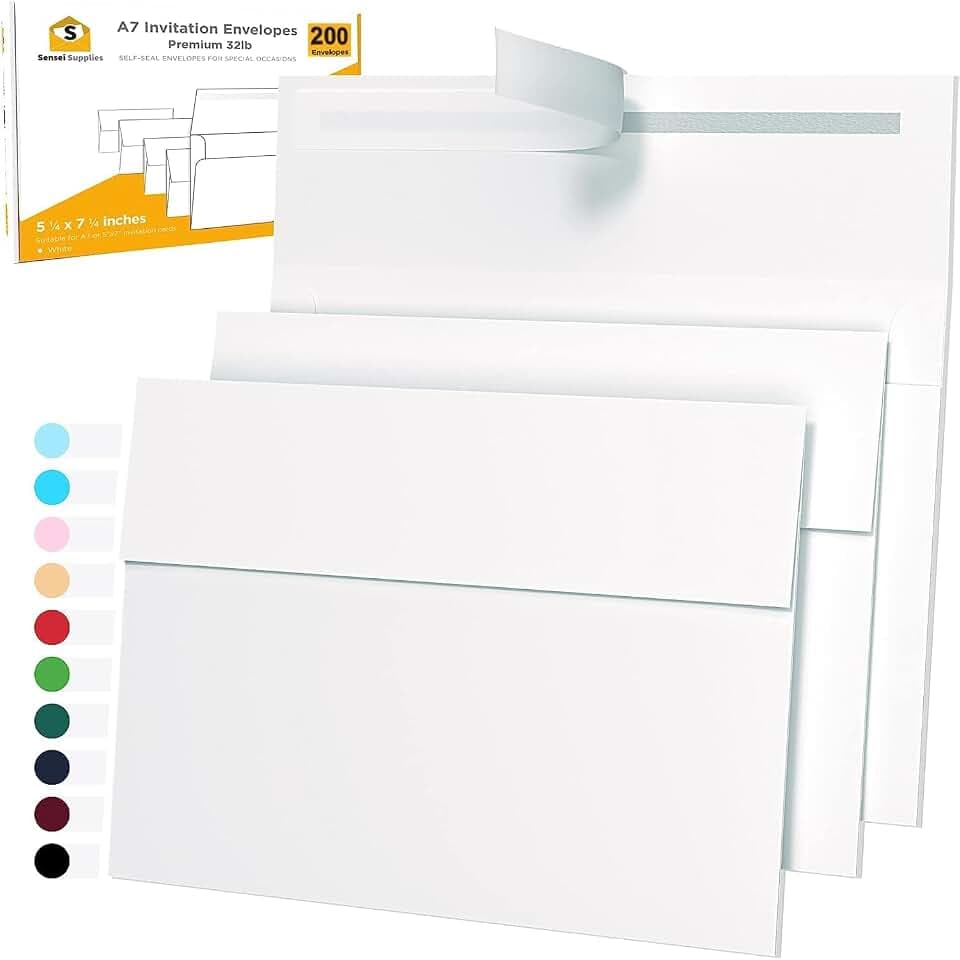 200 Pack 5x7 White Invitation Envelopes - For 5x7 Cards - A7 - (5 ¼ x 7 ¼ inches) - Perfect for Weddings, Graduation, Baby Shower - 120 GSM - Peel, Press & Self Seal - Square Flap