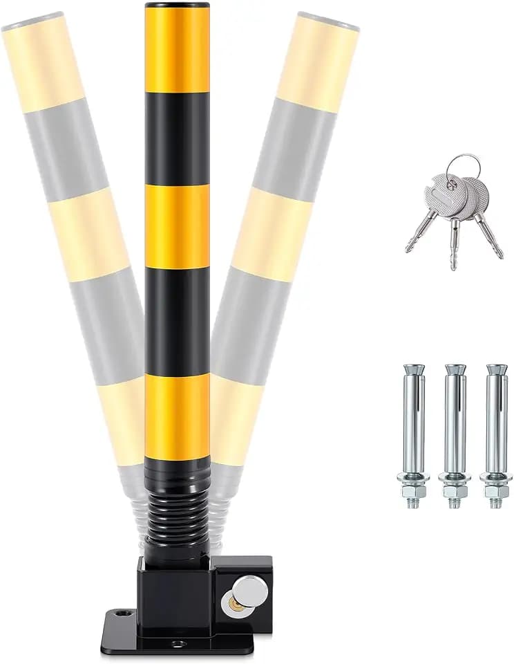 Zonon 1 Pcs Spring Parking Post Barrier, Folding Heavy Metal, Lock, Black