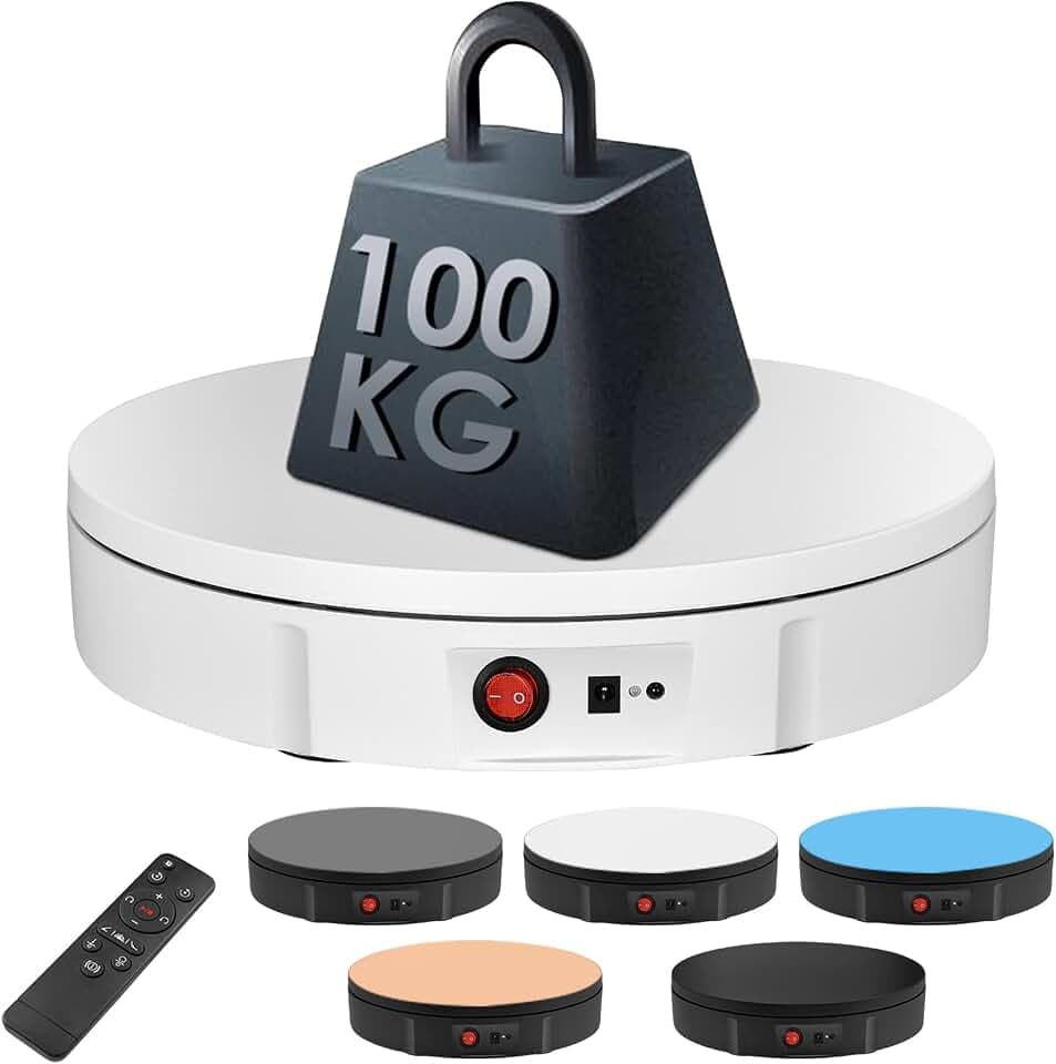 Drehteller Elektrisch, 30CM Drehscheibe Elektrisch mit 100KG Tragkraft, Fotografie Drehteller mit Einstellbarer Geschwindigkeit Fernbedienung, 5 Hintergrund für Produktanzeige Fotografie Video