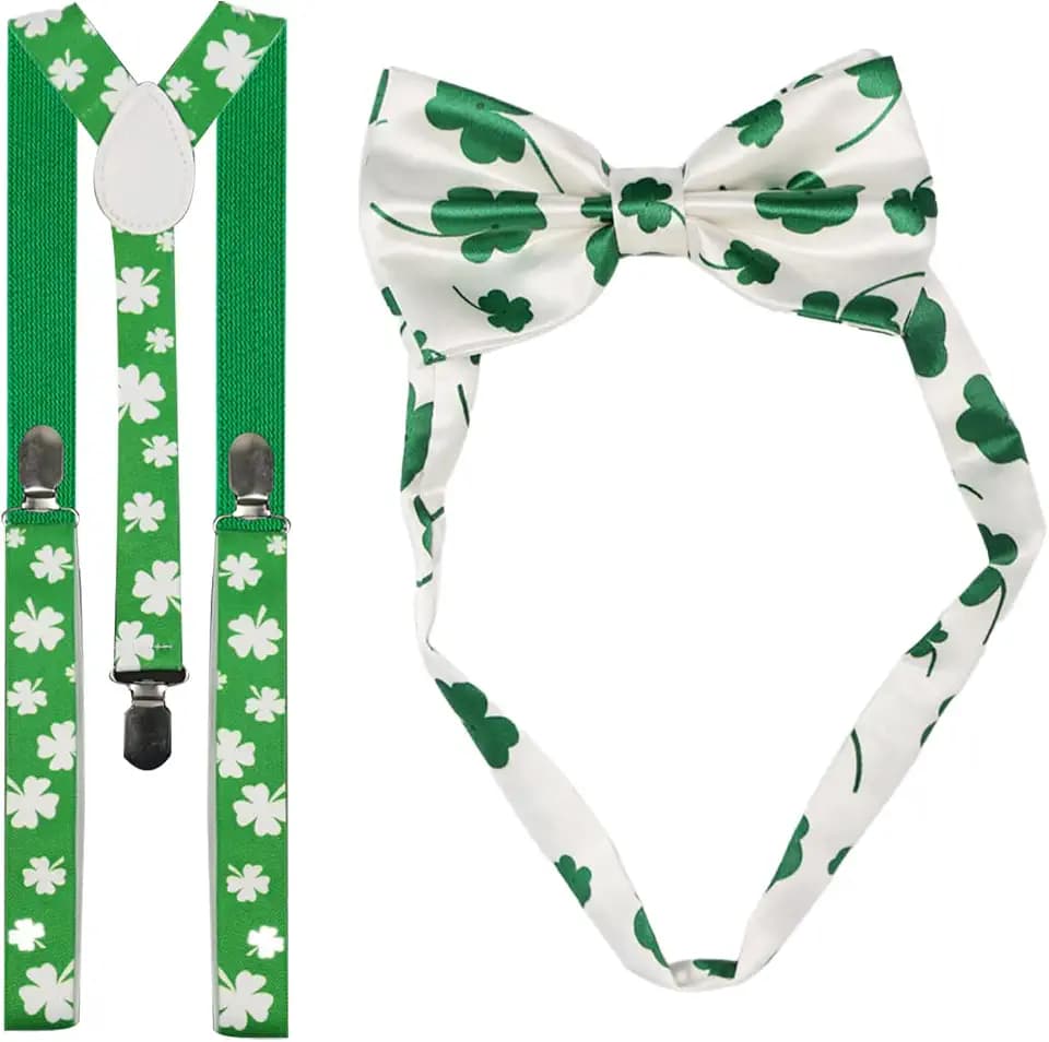 MEISH St. Patrick's Day Zubehör-Set Kleeblatt-Hosenträger Fliege Y-Form verstellbare Hosenträger Kleeblatt Fliege für Partyzubehör, grün, Einheitsgröße