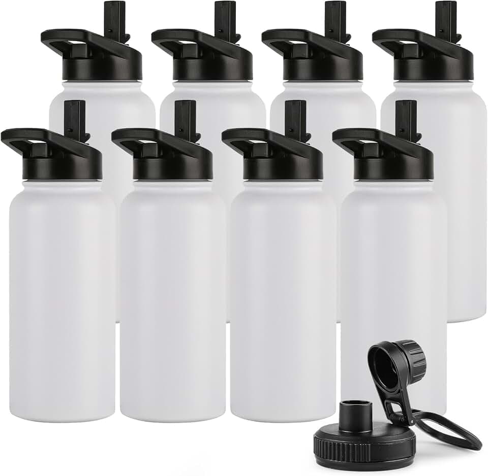 DOMICARE 32 oz Insulated Water Bottle Bulk, Vacuum Insulated Stainless Steel Sports Water Bottle with Straw Lid & Spout Lid, Leakproof, Reusable - Travel, Camping, Bike, White (8 Pack)