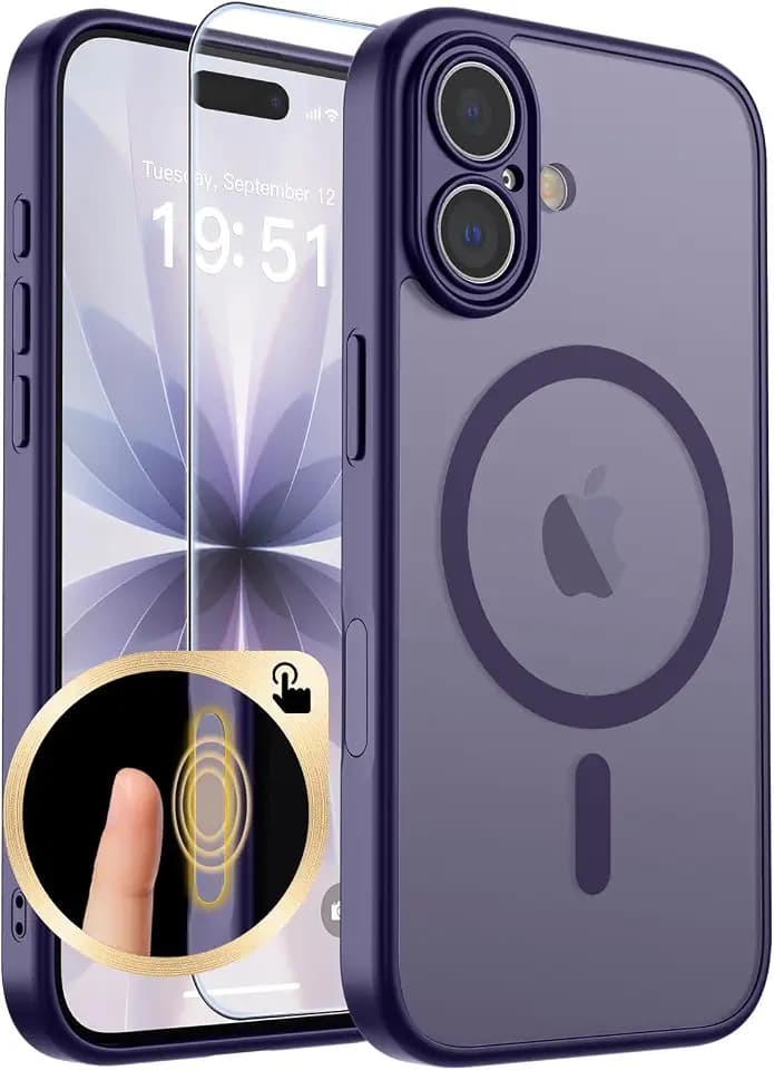 SUPFINE Magnetic for iPhone 17 Case with Camera Control Button,[Full Camera Protection][1+Tempered Glass Screen Protector] Slim Translucent Matte Shockproof Phone Cover,Dark Purple