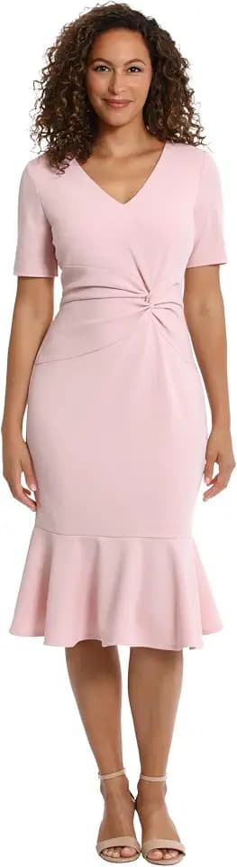 London Times Women's V-Neck Dress - Flounce Hem, Twist Waist, Elegant Office & Event Wear