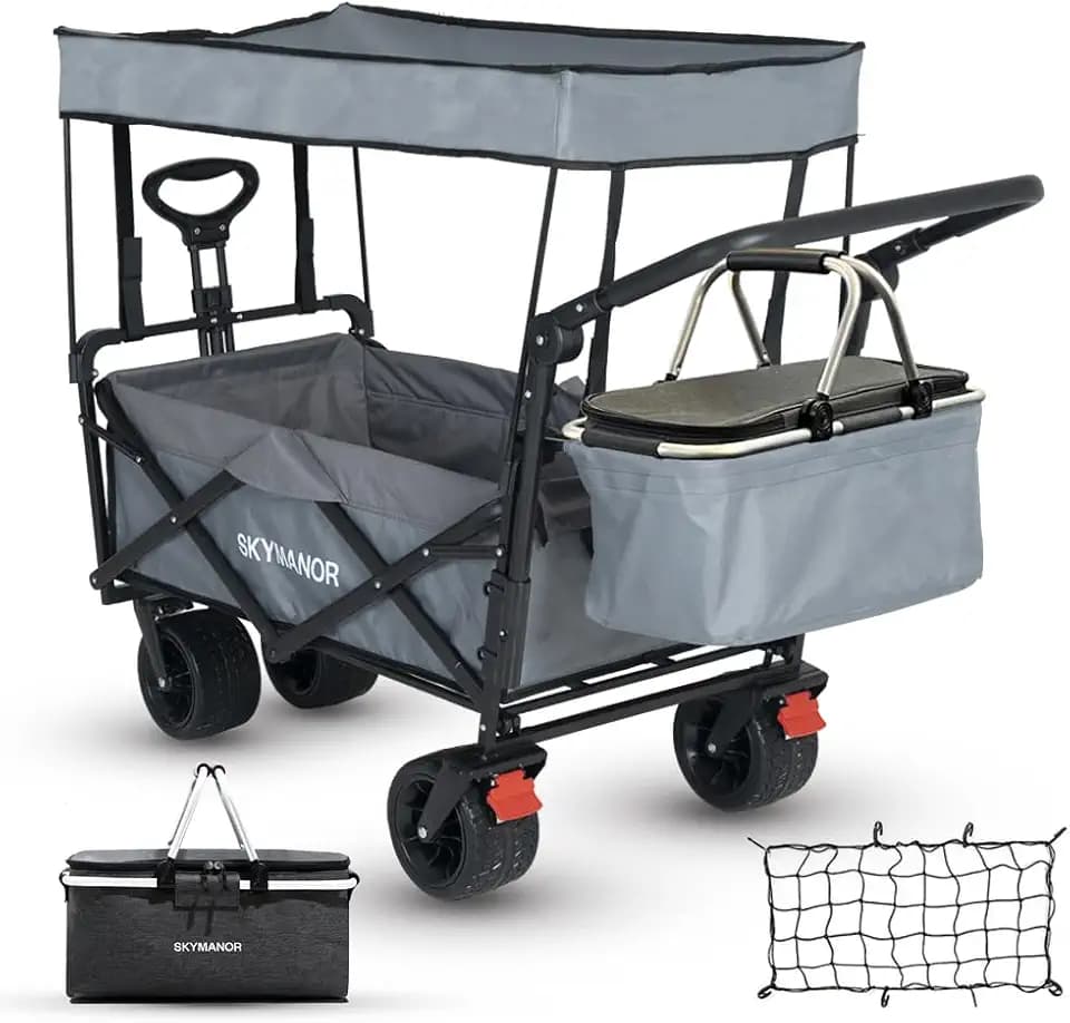 SKYMANOR Collapsible Wagon with Removable Canopy, 3-in-1 Heavy Duty Garden Cart with Big All-Terrain Wheels, Brakes, Adjustable Push Pull Handle, Cooler Bag, 300LBS Wagon Cart for Camping (Grey)
