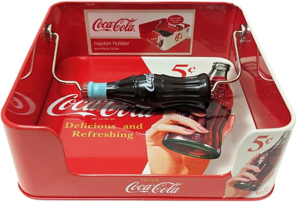 Tin Box Company Flat Napkin Holder with Plastic Replica Handle, Coca Cola