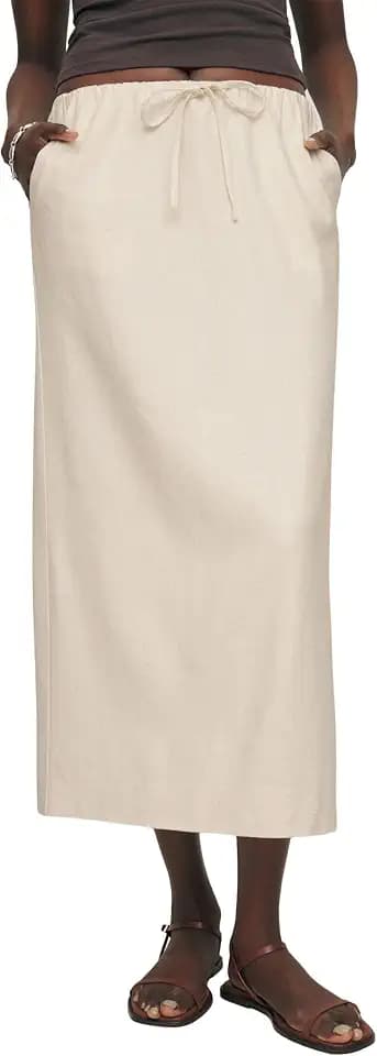 IDEALSANXUN Womens Linen Skirts Trendy Elastic Waist Drawstring Long Skirts with Slit