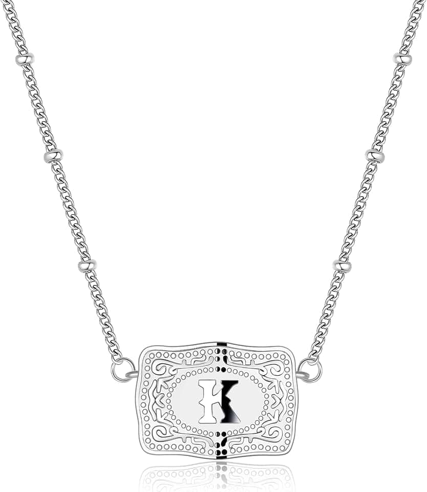 Mini Belt Buckle Initial Necklace for Women, 18K Gold/Silver Plated Initial Letter Pendant, Belt Buckle Necklace with Initial, Unique Western Jewelry Gifts for Women