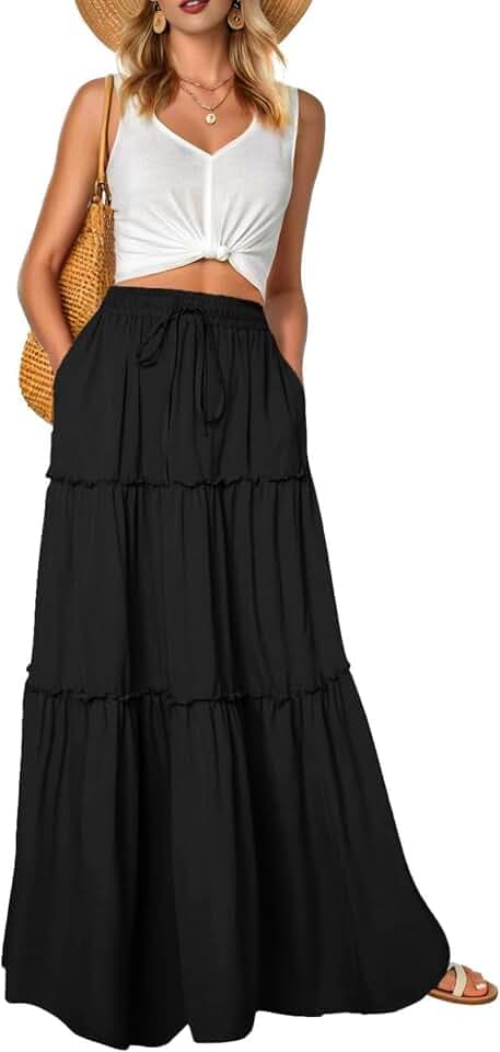 QIXING Damen Maxirock Sommer Boho Blumen Muster Hohe Taille Elastischer Bund Langer Fließender Rock mit Taschen Stufenrock Elegant Luftig