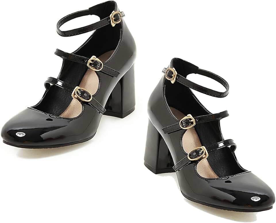 MOOMMO High Chunky Heel Mary Janes for Women Round Closed Toe Patent Leather Mary Jane Pumps Triple Ankle Strap Sexy 3” Block Heels Dress Shoes Sandals Sexy Party Wedding Cute 4-10 M US