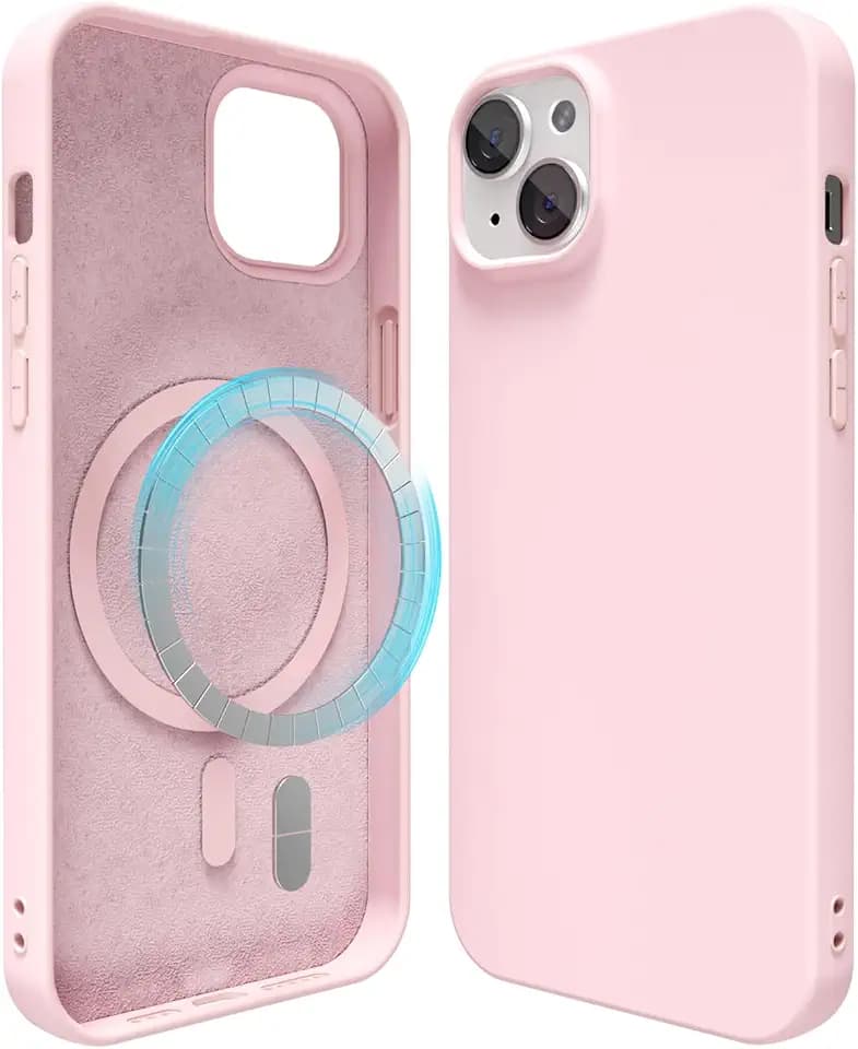 oakxco Silicone Case for iPhone 13 Mini/ 12 Mini Case Magnetic, Compatible with Magsafe Wireless Charging, Slim Thin Soft Rubber Gel, Girly Cute Trendy Hard Shell Mag Safe Cover for Women, Light Pink
