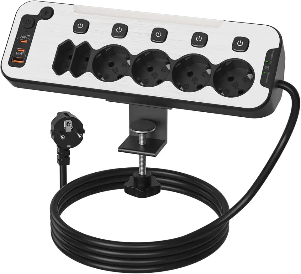 Tischsteckdose mit USB C, Schreibtisch Steckdosenleiste Einzeln Schaltbar
