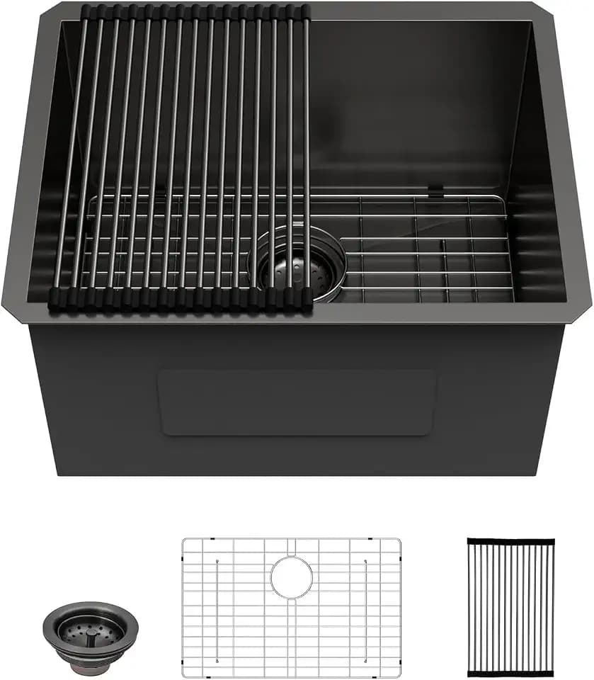 Lordear 24x18x12 Inch Black Laundry Sink Undermount T304 16 Gauge Stainless Steel Deep Laundry Room Utility Sinks Handmade Under Counter Basin 24" x 19" x 12"