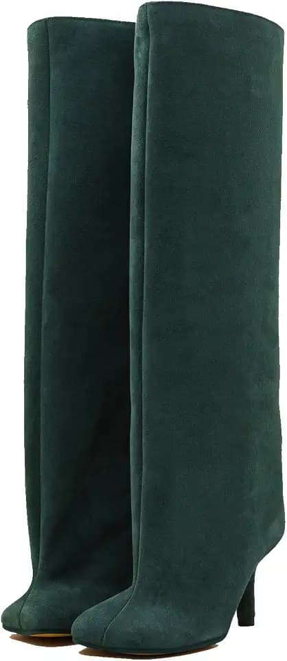 Knee High Boots Women Square Toe Kitten Heel Pull On Tall Boots