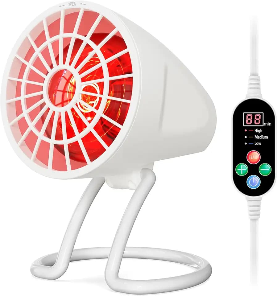 Rotlichtlampe, 150-W-Rotlicht-Heizlampe mit 10-90-Minuten-Timer und 90°-Einstellwinkel, Tisch-Rotlichtlampe für den Hausgebrauch (weiß)