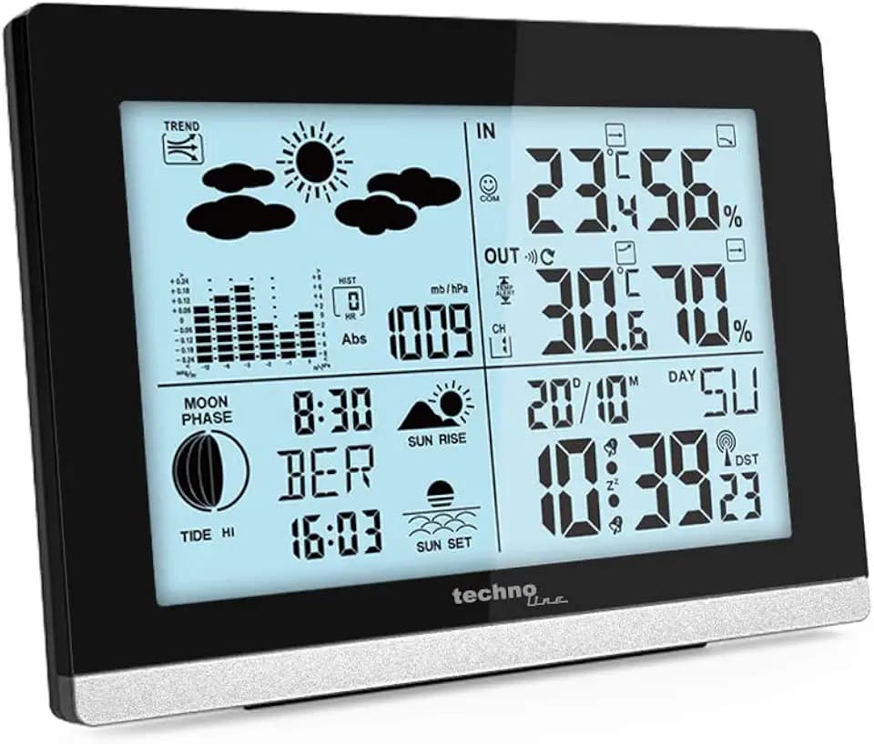 techno line WS 6762 Funk-Wetterstation mit Außensensor – DCF Funkuhr | Innen- & Außentemperatur | Luftfeuchtigkeit | Wettertrend | Mondphase | großes LCD Display | Wecker mit Datum & Uhrzeit