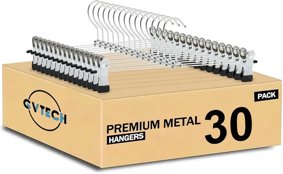 GVTECH Clip-On Pants Hangers, [30 Pack] Non-Slip Pants Clips, Wrinkle-Free Rubber Clips, Stainless Steel Hangers with Swivel Hook for Skirts and Jeans (30, 40 CM)
