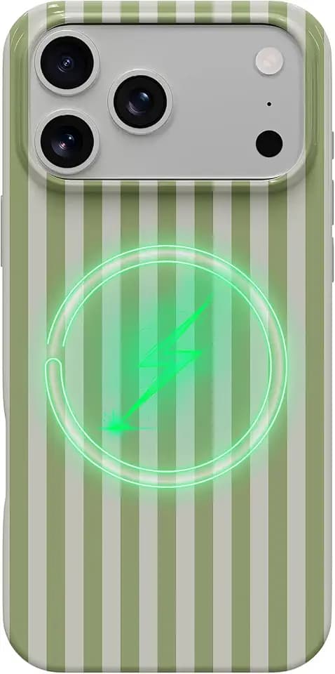 Yeddabox for iPhone 18 Pro Case with Magsafe Striped Phone Case for Women Girls, Sage Green