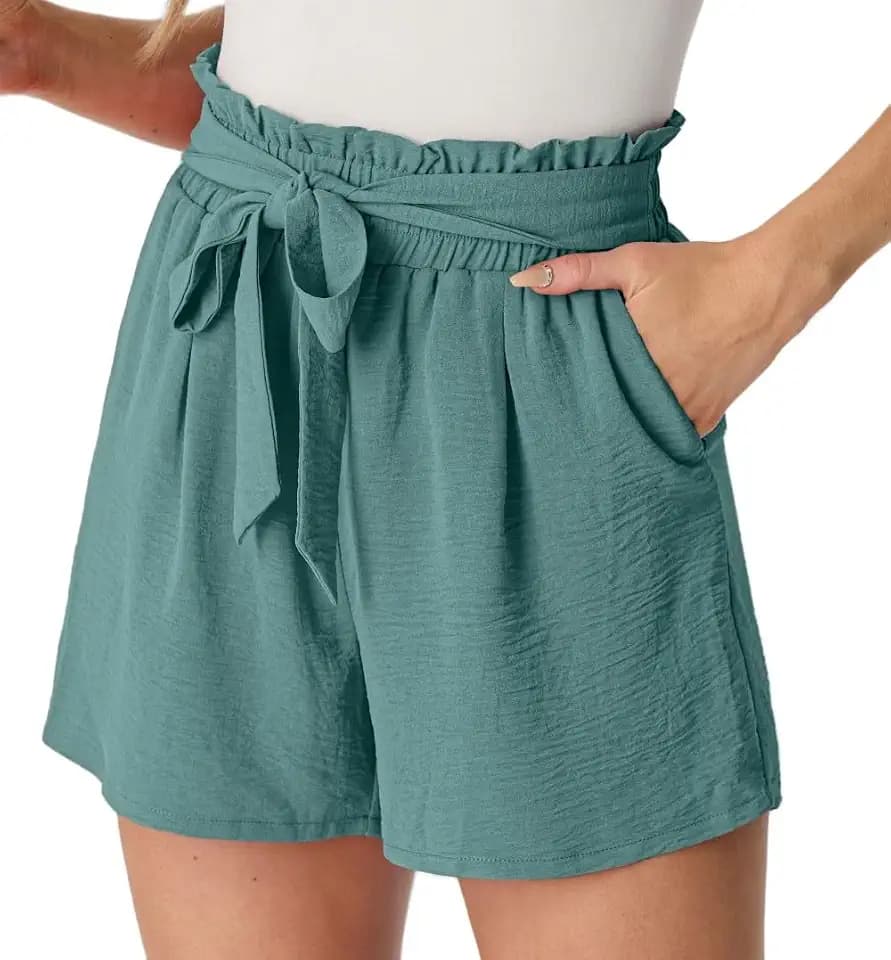 PrinStory Leicht Damen Shorts Gürtel Breites Bein Kurze Hose Mit Taschen High Waist Sommershorts