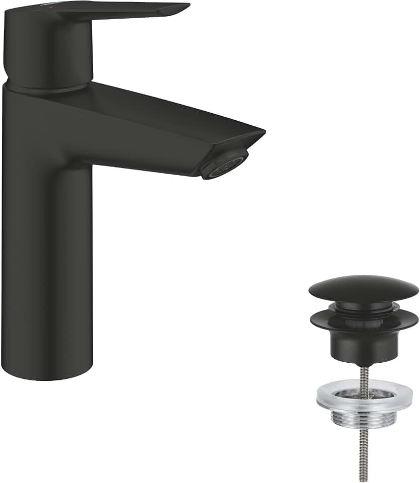 GROHE Start, Waschtischarmatur, wassersparend (Wasserhahn für das Bad, Badarmatur mit Pop-Up Ablauf, 19cm hoch, mit 3in1 Werkzeug, einfache Installation am Waschbecken), schwarz, 242042432