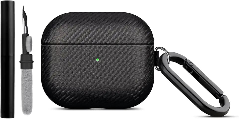 LOPIE Case Compatible with AirPods 3 (Released in 2021), Carbon Fiber Style Vegan Leather Case with Clip & Cleaner Kit, Protective Cover for Gen 3 AirPods (Not for AirPod Pro 3rd Generation) - Black