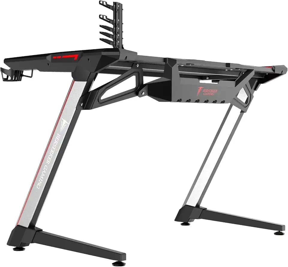 BERSERKER Gaming-Schreibtisch, 120x64x75 cm, RGB-Beleuchtung, Aluminium, Carbon-Textur, 4X USB-Hub, Kopfhörerhalter, Becherhalter, Schwarz/Silber