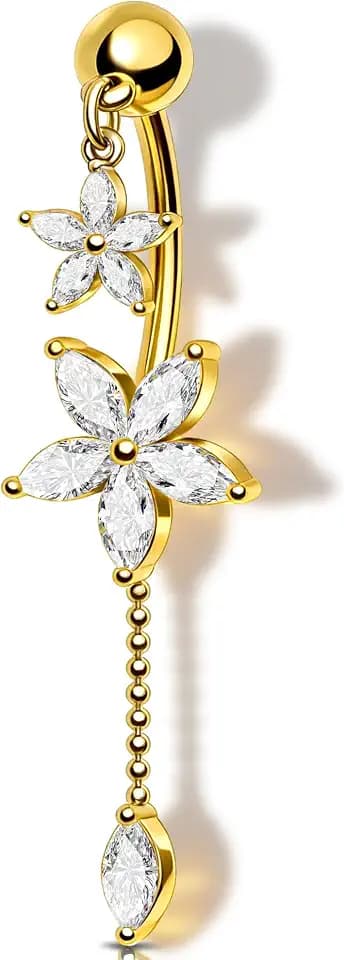 Melighting 14G Lotus Belly Button Ring Dangle Navel Ring Surgical Steel