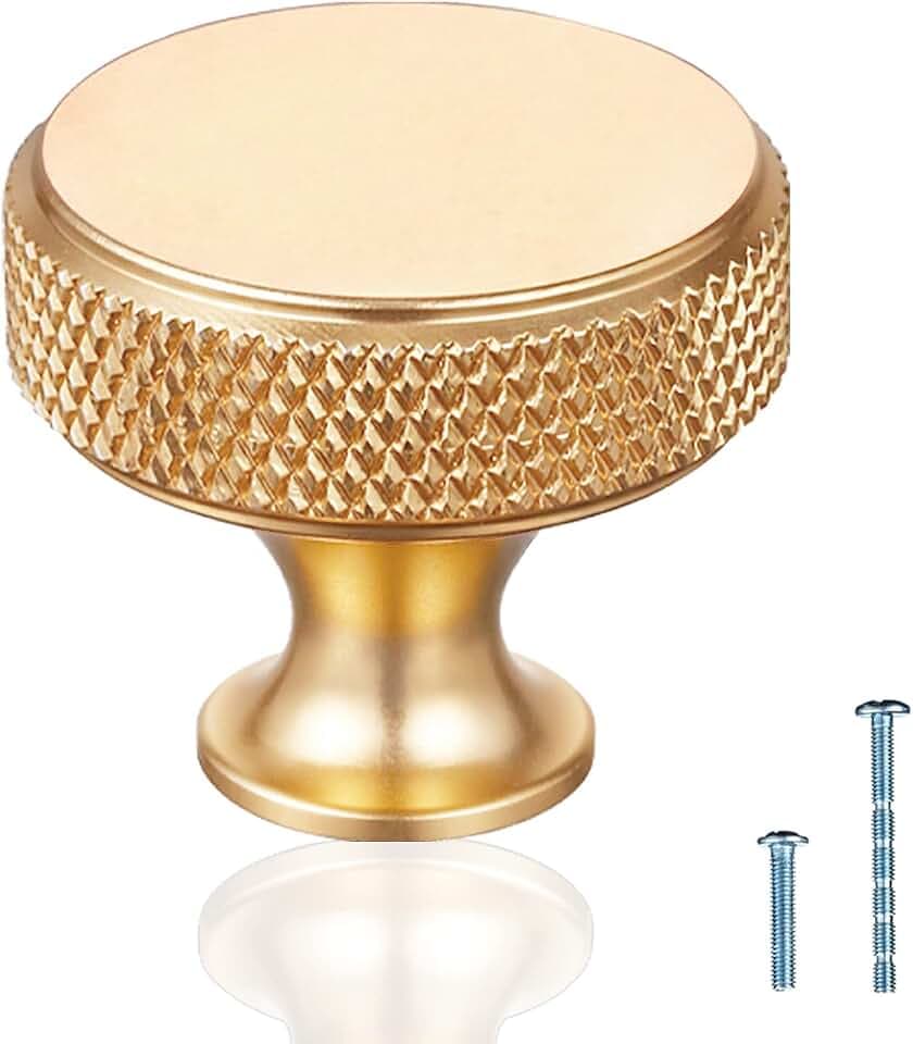 Cabinet Handles Gold Drawer Pulls and Knobs 6 Pack Knurled Hardware for Kitchen Bathroom Dresser Furniture Cupboard Door (6, Gold-Single Hole)