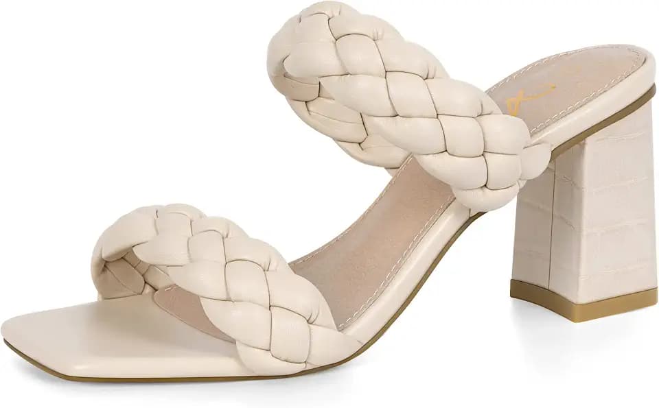 Athlefit Women's Braided Heeled Sandals Summer Square Open Toe Chunky Heels