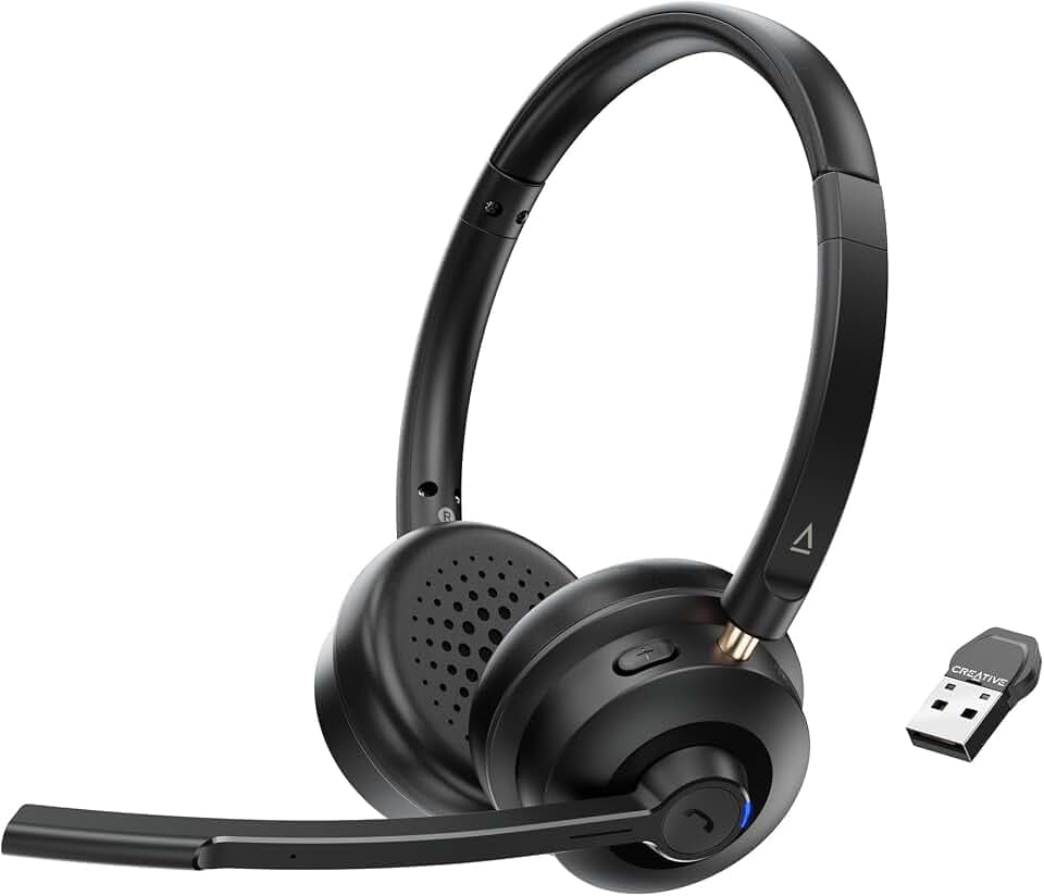 CREATIVE Chat Wireless On-Ear-Headset mit Boom-Mikrofon mit Geräuschunterdrückung, USB-Dongle, Steuerung für Wiedergabe und Anrufe, Mikrofon-Stummschalttaste, kompatibel mit PC/Mac/Mobilgeräten