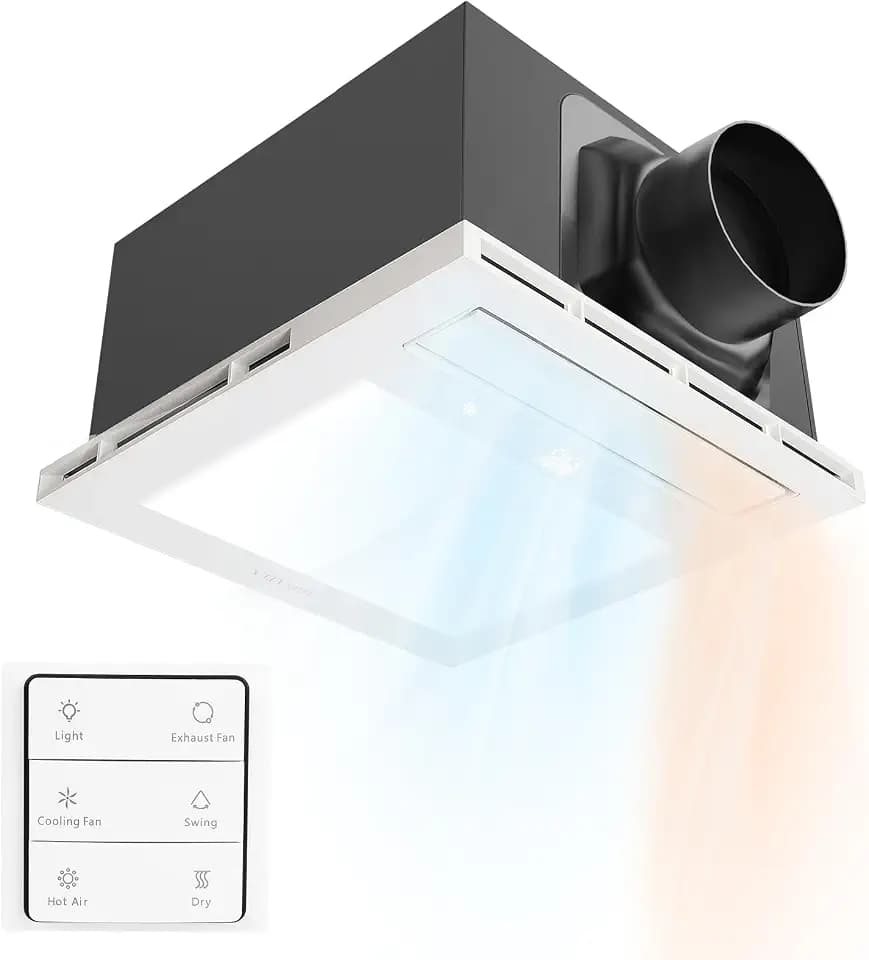 4-in-1 Bathroom Exhaust Fan with Heater and Light, Metal Frame, 1600w Heating Power, 110CFM, 1.5 Sone Bathroom Vent Fan with Heater, Suitable for Bathrooms, Hotels, Toilets