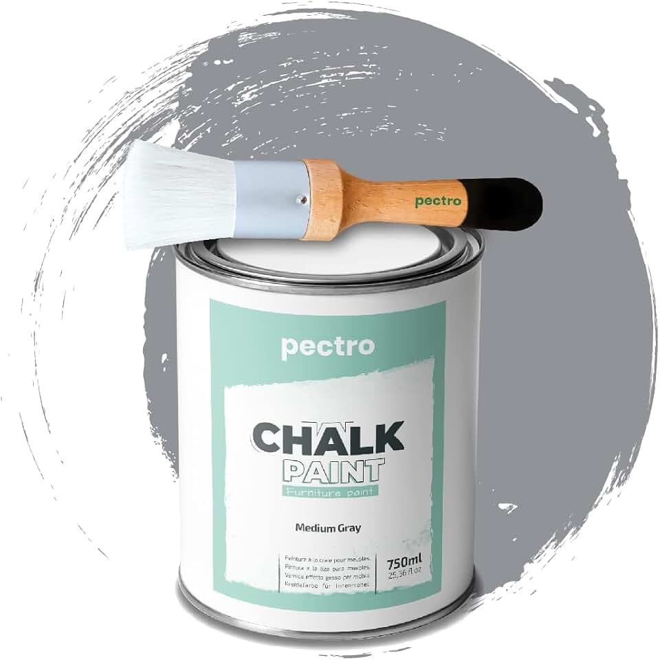PECTRO Kreidefarbe für möbel 750ml + Malerpinsel Chalk Paint (MITTELGRAU) | Pinsel inklusive, Für Holz und Möbel, Reines Weiß, Mattes Finish, Vintage- und Shabby-Chic-Look