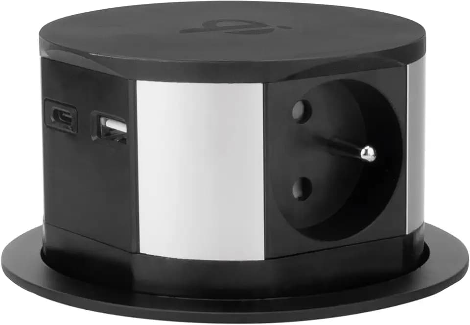Otio, Steckdosenleiste mit 3 Steckdosen, 16 A + 2 USB-Ports (USB-C) und Induktionsladegerät 10 W – Schwarz – Kabel 1,5 m – Durchmesser Bohrung Ø 10 cm – Höhe aufgeklappt 6 cm – kompaktes und elegantes
