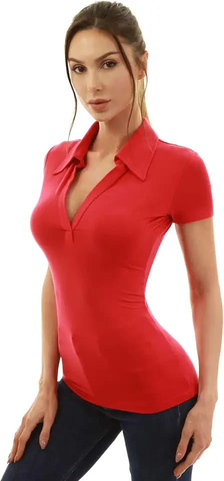 AmélieBoutik Women Collared V Neck Short Sleeve Polo Shirt