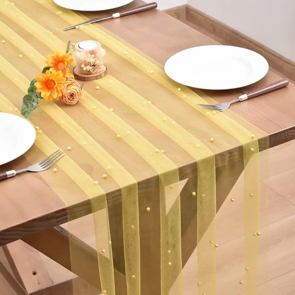 Pearl Table Runner Boho Tulle Lace Bridal Shower Beaded Table Decor Yellow
