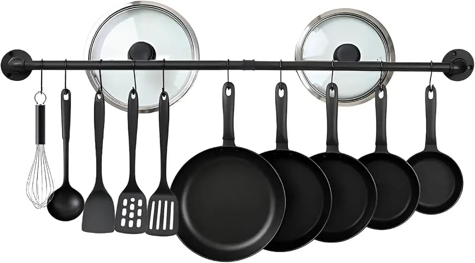38 inch Pipe Hanging Rail for Pots, Pans, Lids, Kitchen Utensils, Wall Mounted Rail Rack Pipe Bar with 10 S Hooks Indutrial Style, Black