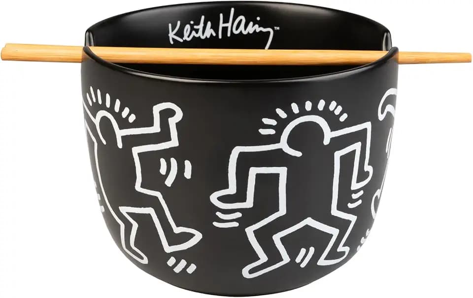 Grupo Erik Ramen Bowl Schüssel Keit Haring Keramik Schale 12,5 x 16 cm 1400 ml mit Stäbchen zum Essen - Ofizieller Art Keit Haring Geschenke Fanartikel