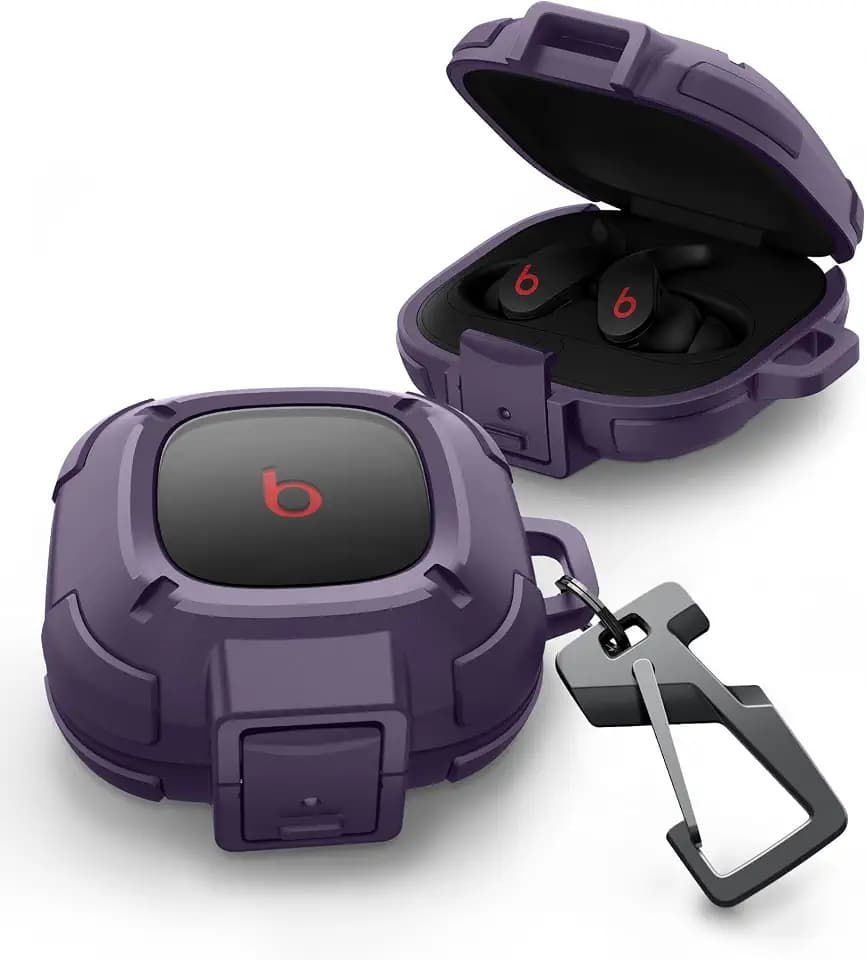 Dexnor Rugged Bumper Case for Beats Fit Pro (2021) Cases with Secure Lock, Shockproof Clear Cover with Carabiner & Keyring for Beats Fit Pro 2021 Purple