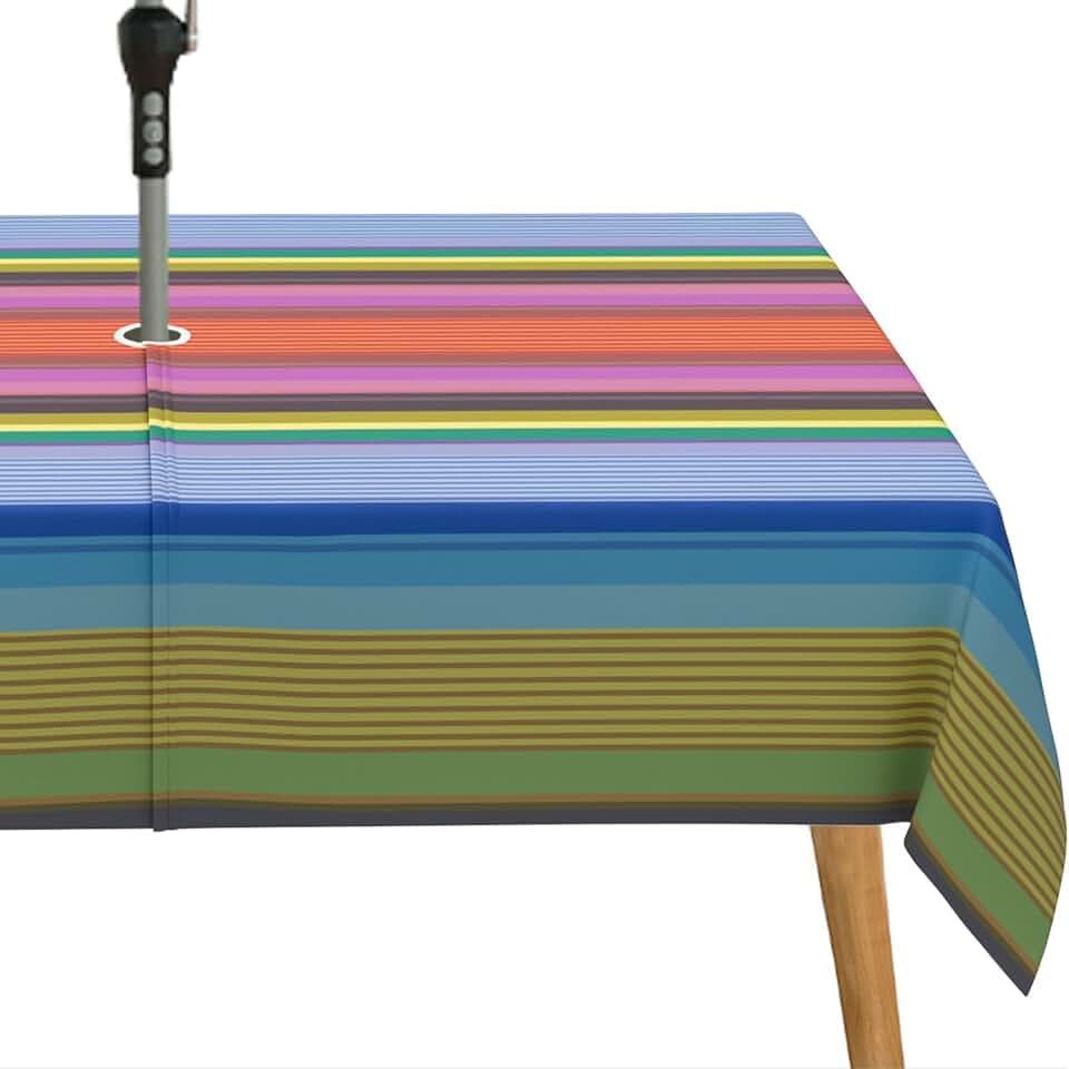 Strips Print Outdoor Tablecloth with Umbrella Hole for Rectangle Table, Waterproof Colorful Patio Table Cloth with Zipper - 60 x 120 inches