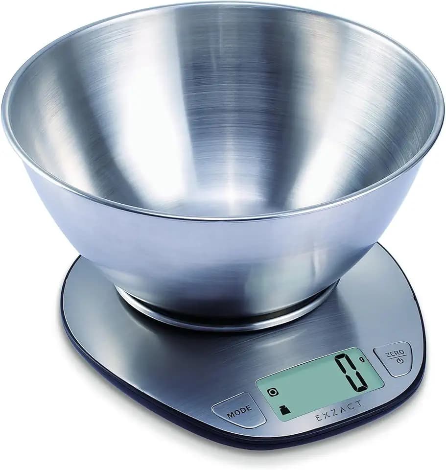 EXZACT Digitale Küchenwaage Edelstahl - Elektronische Kochwaage mit Abnehmbarer Schüssel zum Backen und Kochen - Tara-Funktion - Max 5 kgs - küchenwaage mit schüssel