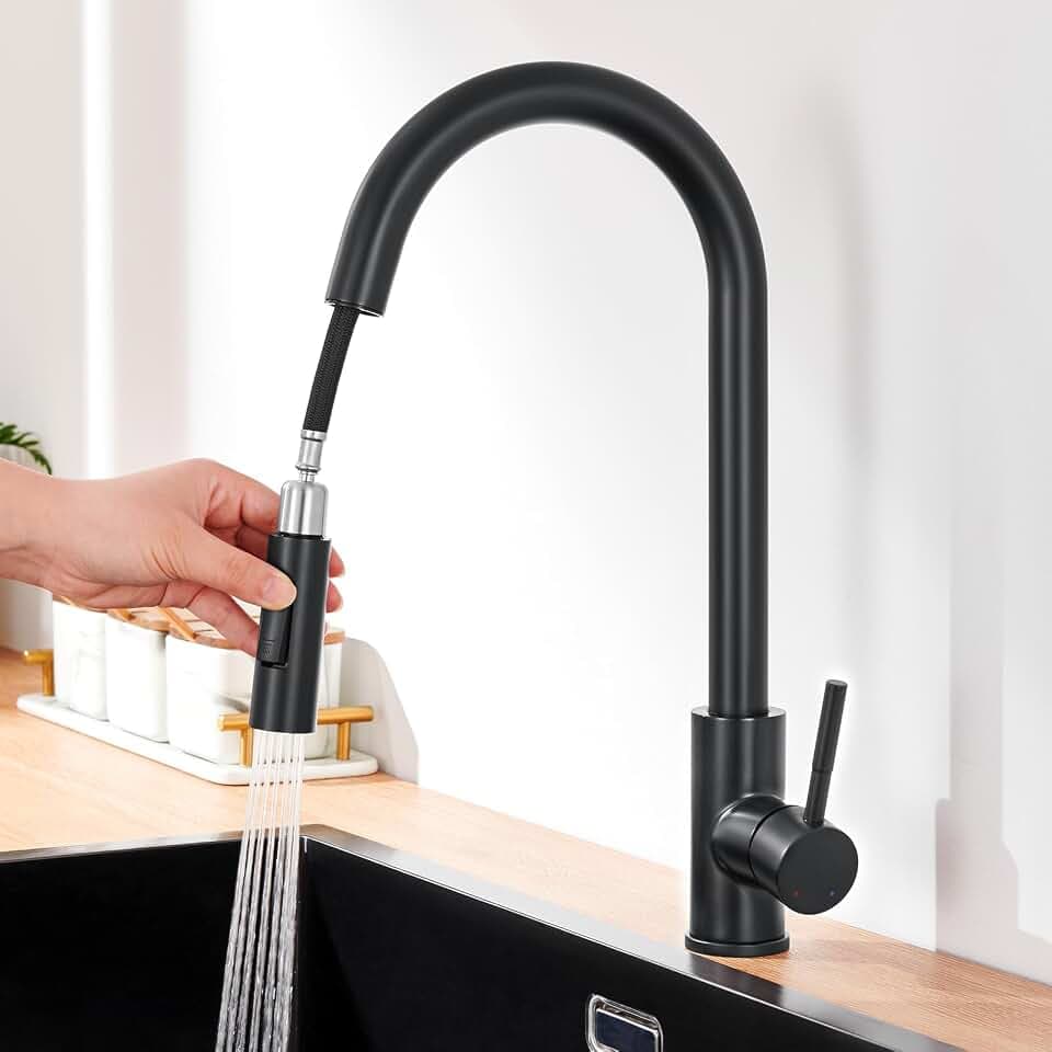 Lonheo Wasserhahn Küche Hochdruck Armatur mit ausziehbarer Geschirrbrause | Einhebel-Küchenarmatur mit 2 Sprühfunktionen, Wassersparend, 360° Schwenkbar, Spültischarmatur mit hohem Auslauf, Schwarz