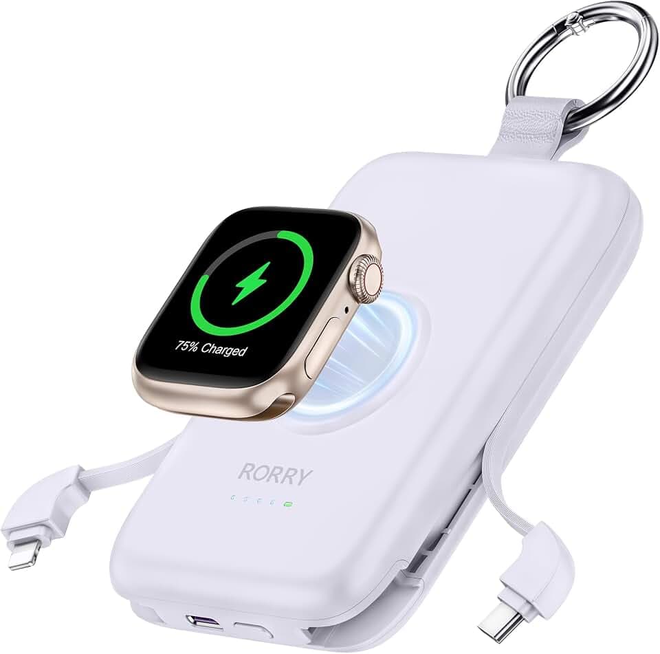 RORRY CharmGo Powerbank 10000mAh, 20W Power Bank mit Integriertem Kabel | Schnellladung Externe Handyakkus,Reise Portable Charger für iPhone 17/16/15/14 and Apple Watch Ultra 11/10/9/8/7/SE, Lila