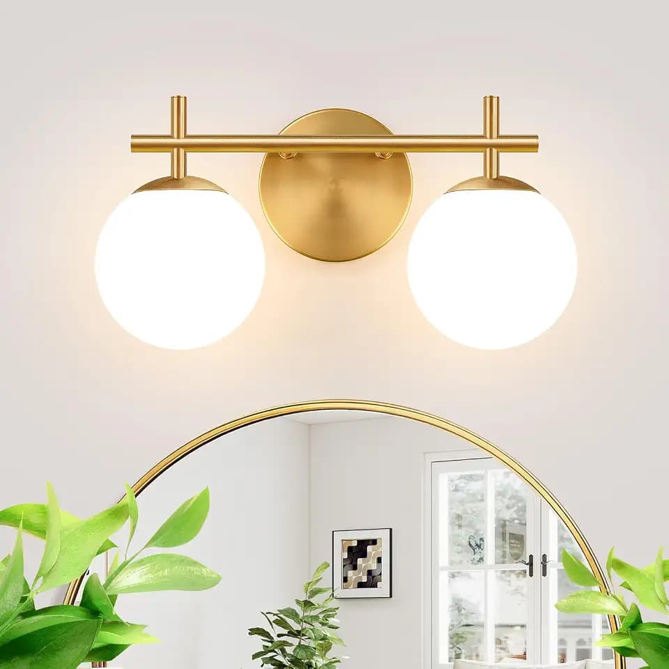 MOKATNG 2-Light Bathroom Light Fixtures, Brushed Gold Vanity Lights for Bathroom with Milky White Glass Shade, Bathroom Lighting Fixtures Over Mirror, Wall Sconce for Bedroom (Bulb Not Included)