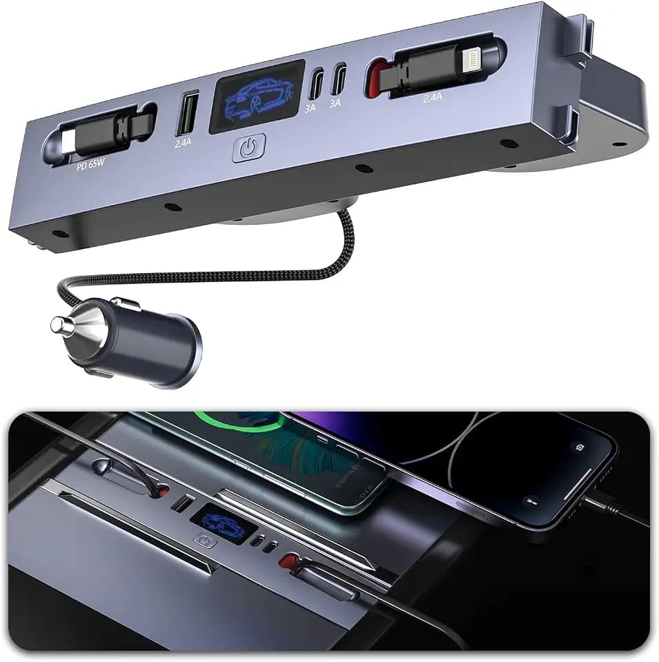 65W USB Charger Hub for Tesla Model Y Juniper 2026 & Model 3 Highland 2024 2025 Accessories, Fast Charging with Retractable Cables, 5-Port USB Charger Docking Station fit Tesla Center Console