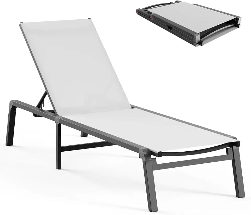 Ciokea Aluminum Chaise Lounge Ourdoor - Foldable & Assemble Free Outdoor Lounge Chair with 5 Adjustable Backrest, Patio Lounge Chair for Outside Poolside Beach Pool, White