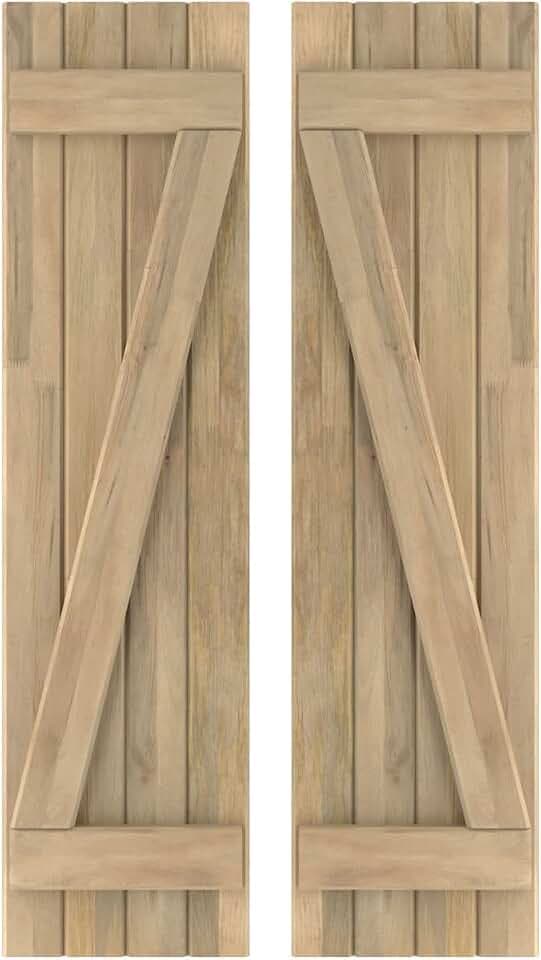 14"W x 38"H Americraft Four Board (2 Batten) Exterior Real Wood Joined Board-n-Batten Shutters w/Z-Bar (Per Pair), Unfinished