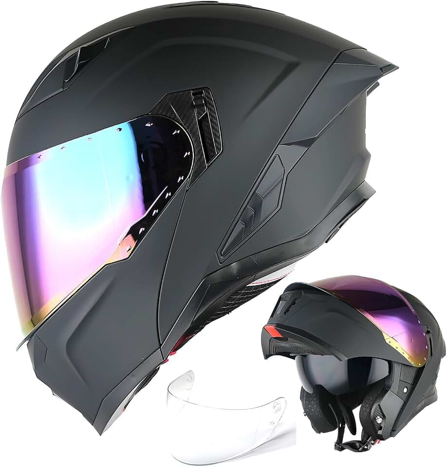 1Storm Motorcycle Street Bike Modular/Flip up Dual Visor Sun Shield Full Face Helmet + One Extra Clear Shield: KT928