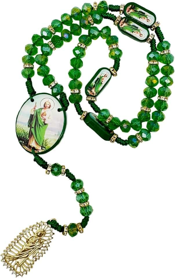 Exquisite Rosary Saint Jude Cross Pendant Mexican Necklace - Braided Cord Green Crystal beads Chain, Charm Accessories for Men and Women, Catholic St Jude Elegant Religious Jewelry Gift Idea
