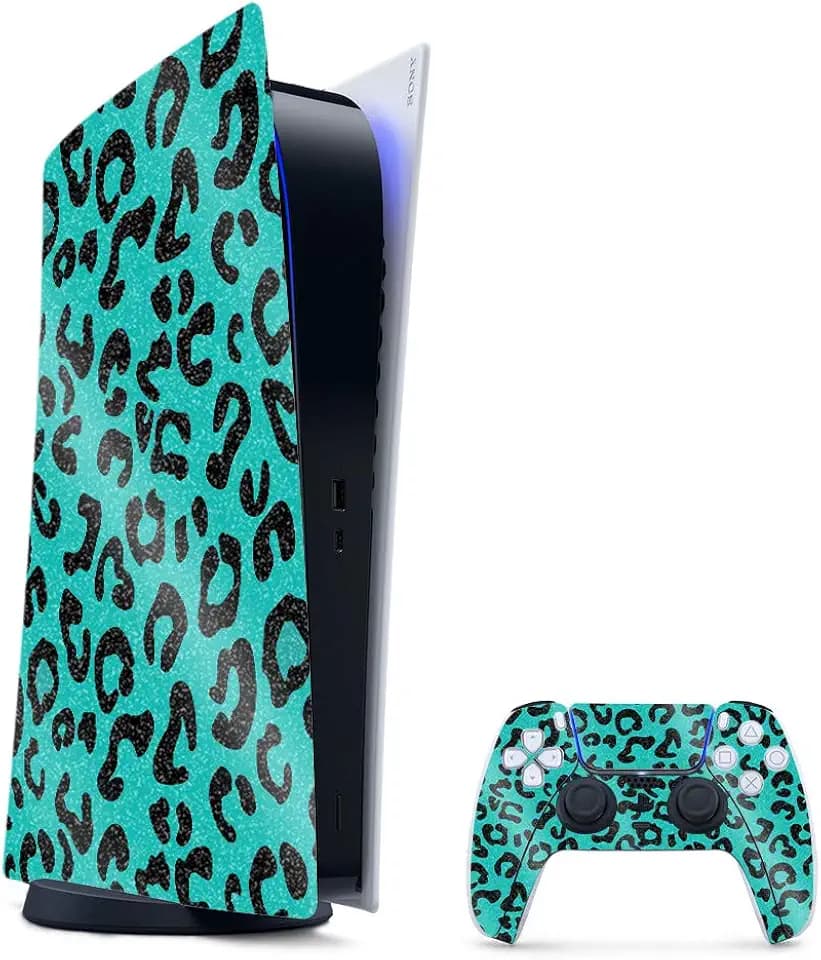 MightySkins Glossy Glitter Gaming Skin for PS5 / PlayStation 5 Digital Edition Bundle - Teal Leopard | Durable High-Gloss Glitter Finish | Easy to Apply and Change Styles | Made in The USA