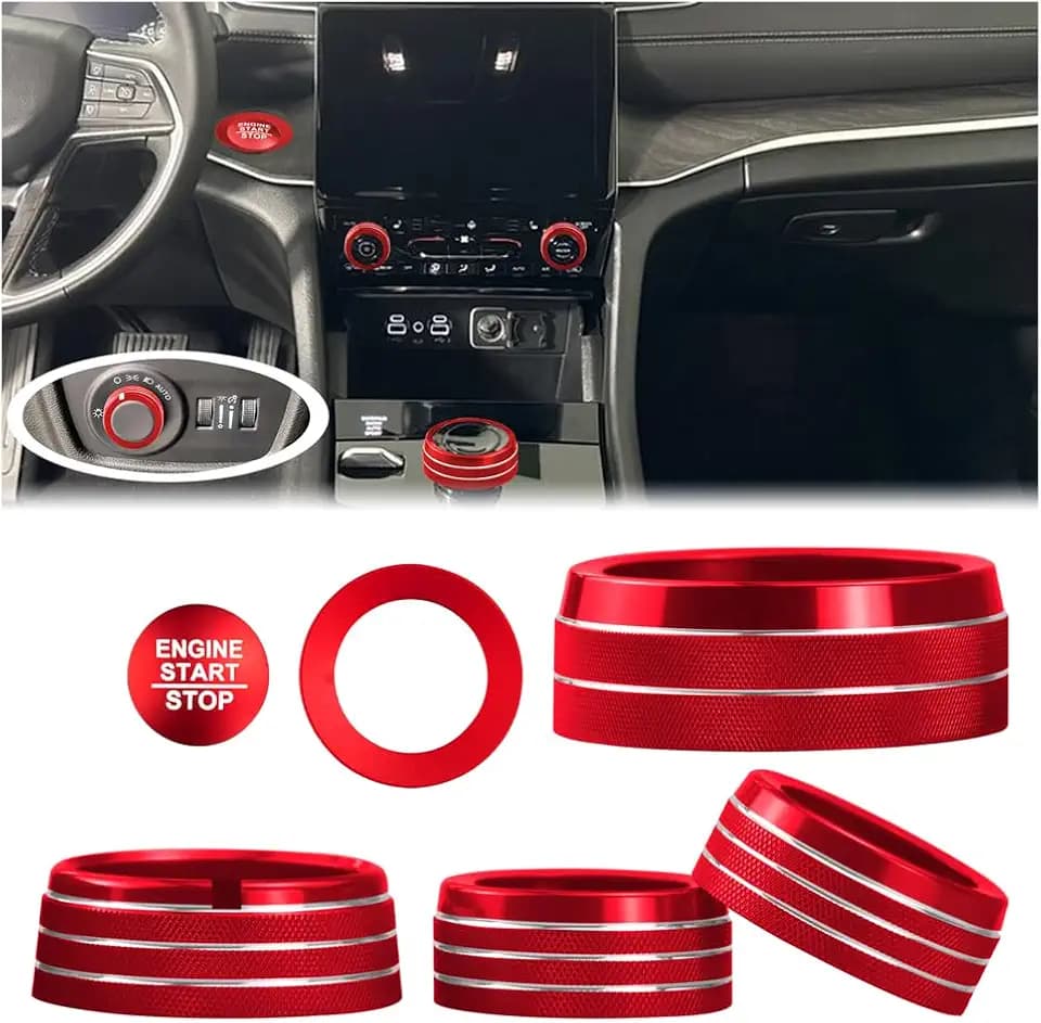 for Jeep 2022-2025 Grand Cherokee/Grand Cherokee 4xe/Grand Cherokee L car Interior 6-piece Set, Shift Switch, air Conditioning Adjustment, Headlight Switch knob, Start Button Cover/Ring (red)